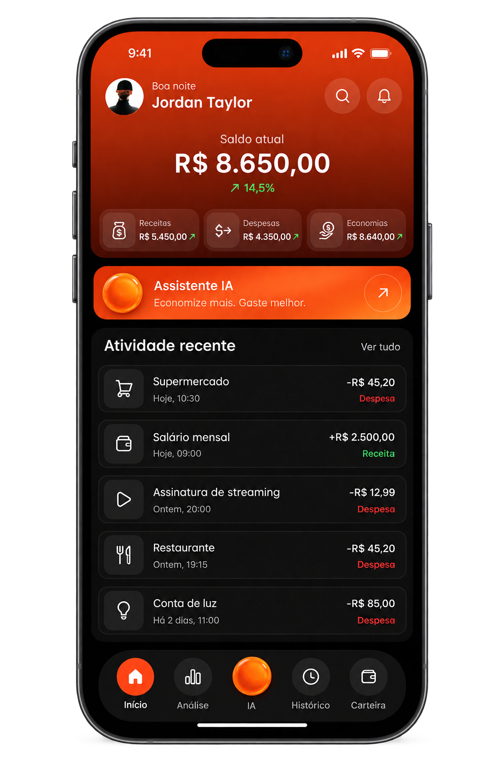 Mockup de aplicativo de finanças criado na Fábrica de Funil
