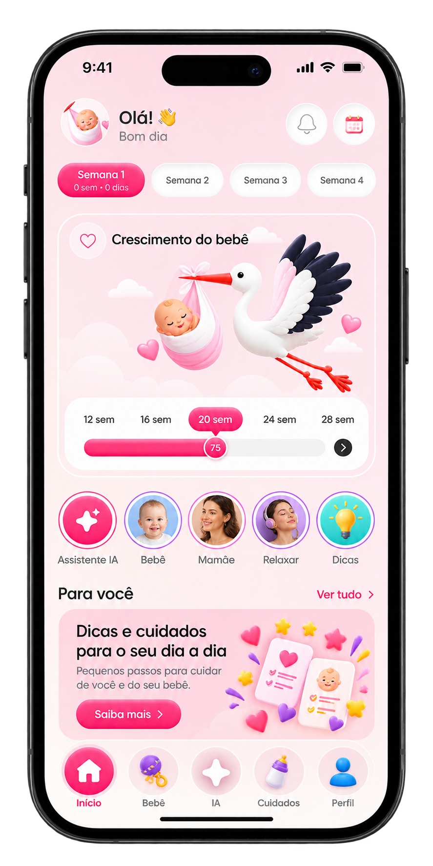 Mockup do aplicativo Momly criado na Fábrica de Funil